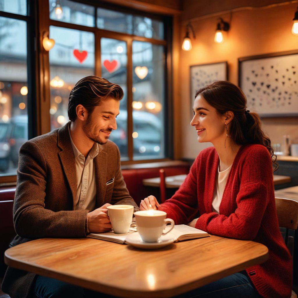 A romantic setting featuring a couple engaged in a deep conversation at a cozy café, surrounded by soft lighting and heart-shaped decor. Include subtle elements like an open notebook with notes on love advice and a steaming coffee cup. Capture the warmth and connection through their expressions, with a background of slightly blurred patrons adding to the ambience. soft focus. warm colors. 3D.