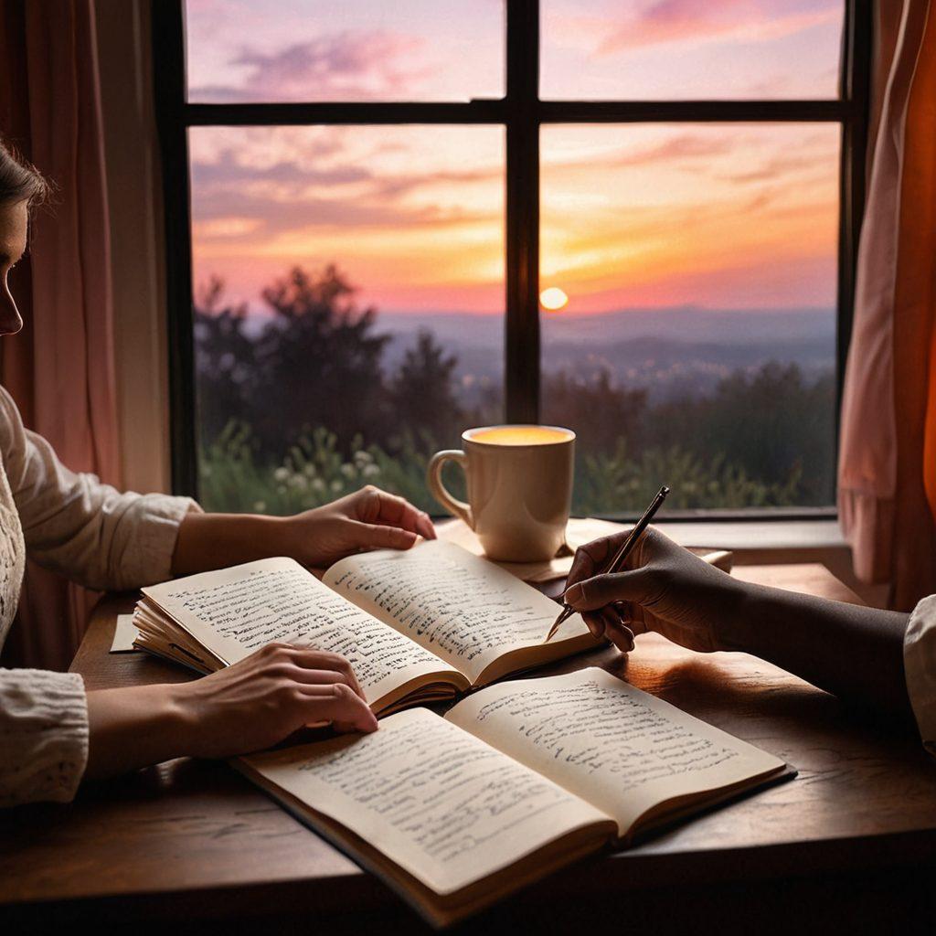 A cozy scene featuring an open notebook with handwritten love letters, a steaming cup of tea beside it, and soft ambient lighting creating a warm atmosphere. In the background, silhouettes of a couple holding hands under a glowing sunset, symbolizing romance and connection. Delicate floral accents with soft pastel colors to evoke feelings of warmth and intimacy. vibrant colors. super-realistic. cozy atmosphere.