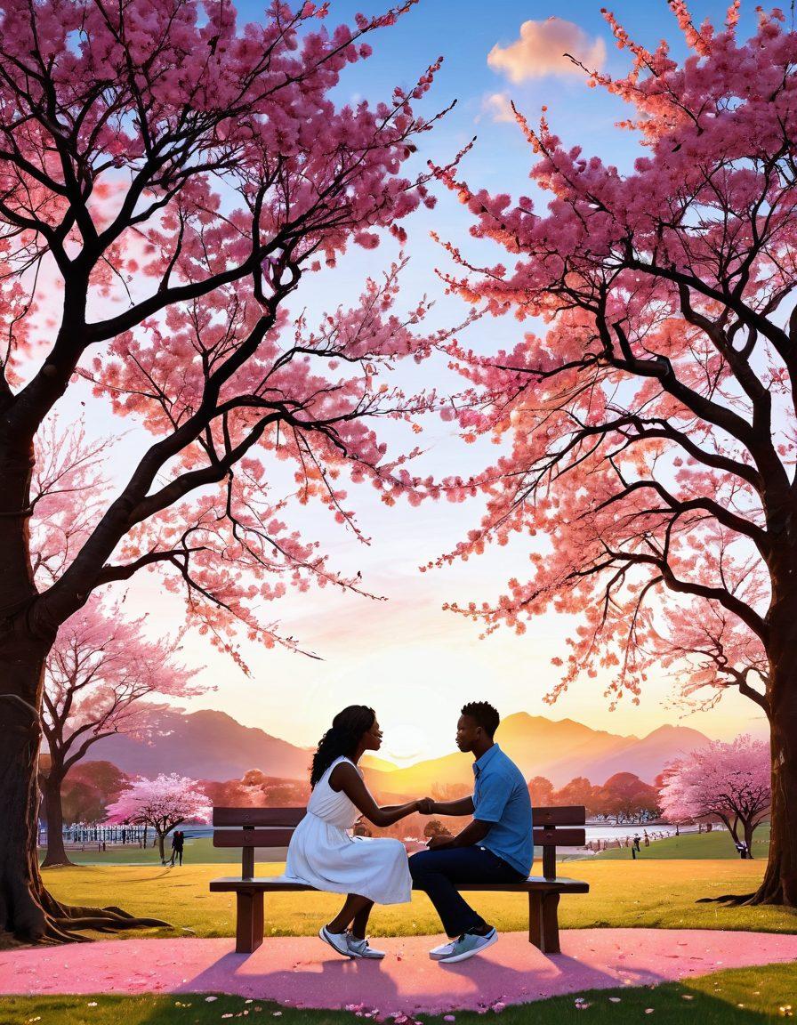A lively park scene featuring diverse couples engaging in various affectionate activities, such as holding hands, sharing laughter, and embracing under cherry blossom trees. Scattered around are speech bubbles with relationship tips and heart icons. The background shows a vibrant sunset, creating a romantic atmosphere. super-realistic. vibrant colors. 3D.